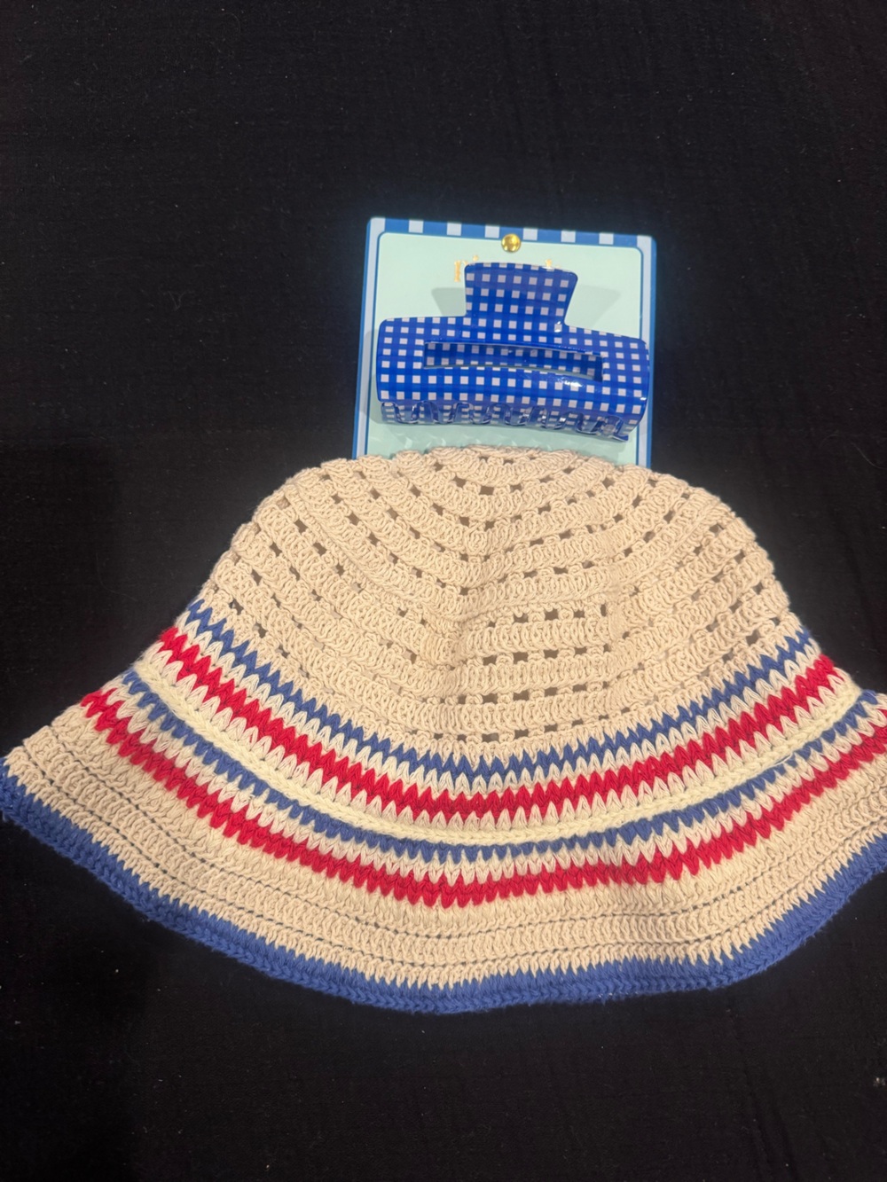 Piper •K Blue Gingham Hair Clip+natural Crochet bucket hat w/red& blue stripes🇺🇸